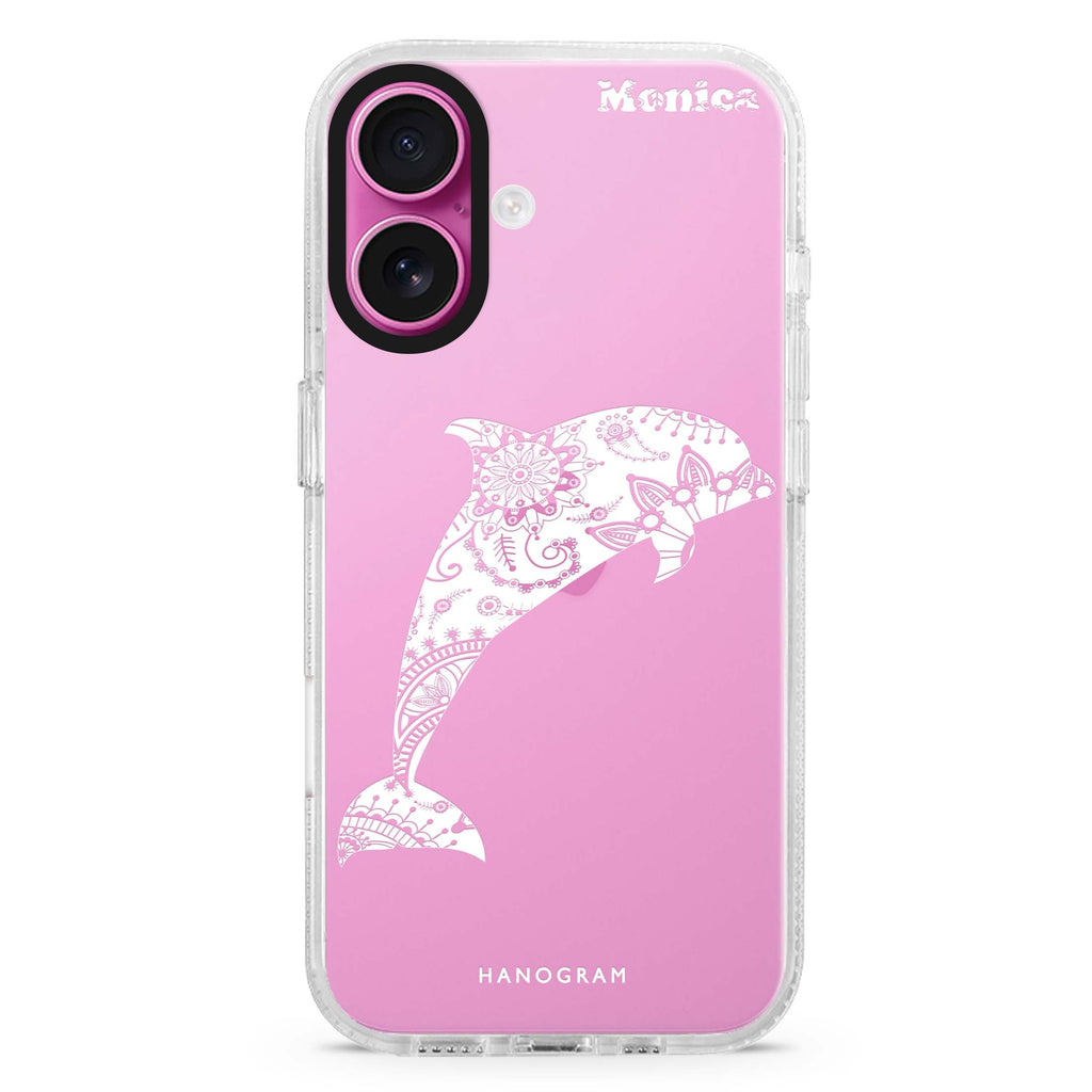 Mandala dolphin custom name iPhone 16 and 16 Plus ultra clear case, transparent graphic artwork, front product view