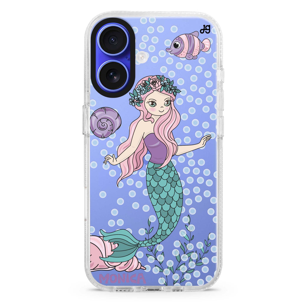 Mermaids custom name iPhone 16 and 16 Plus ultra clear case, transparent graphic artwork, front product view