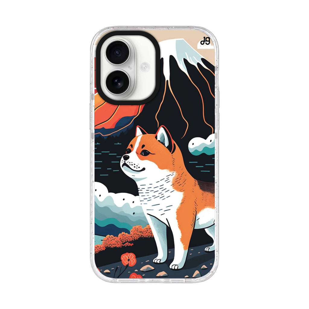 Shiba Inu with Fuji Mountain iPhone 17 ultra clear MagSafe case, front product view