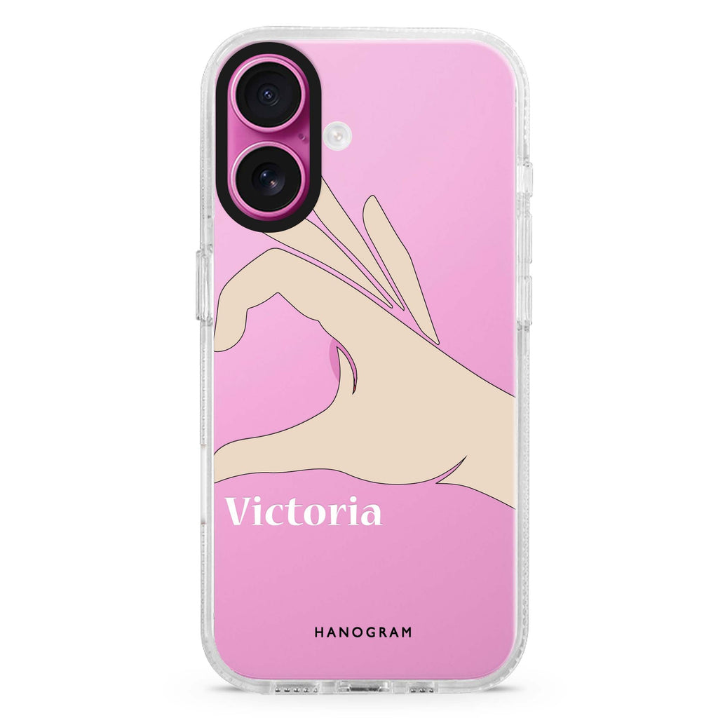 Right Hand heart custom name iPhone 16 and 16 Plus ultra clear case, transparent artistic artwork, front product view