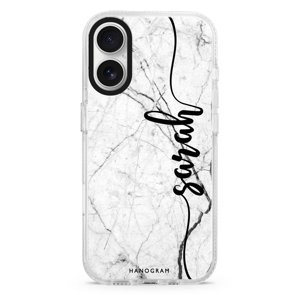 Marble Edition II custom name iPhone 16 and 16 Plus ultra clear case, transparent marble pattern, front product view