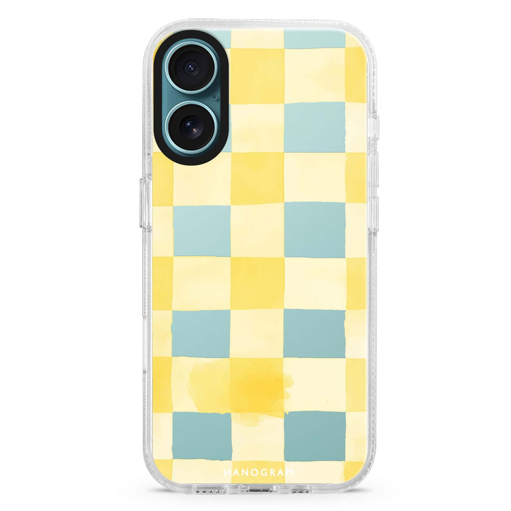 Lemon Checks iPhone 16 and 16 Plus ultra clear case, transparent abstract pattern, front product view