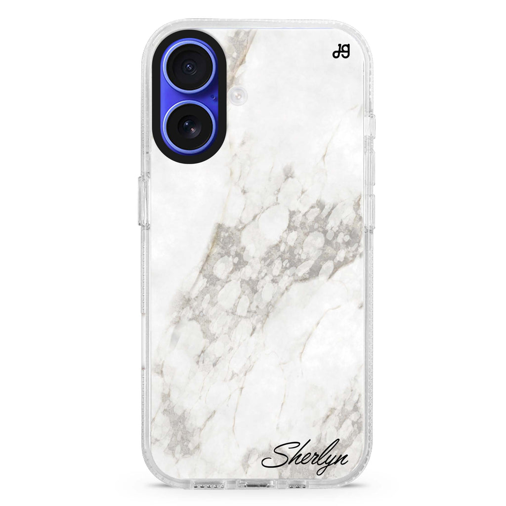 Simple White Marble custom name iPhone 16 and 16 Plus ultra clear case, transparent marble pattern, front product view