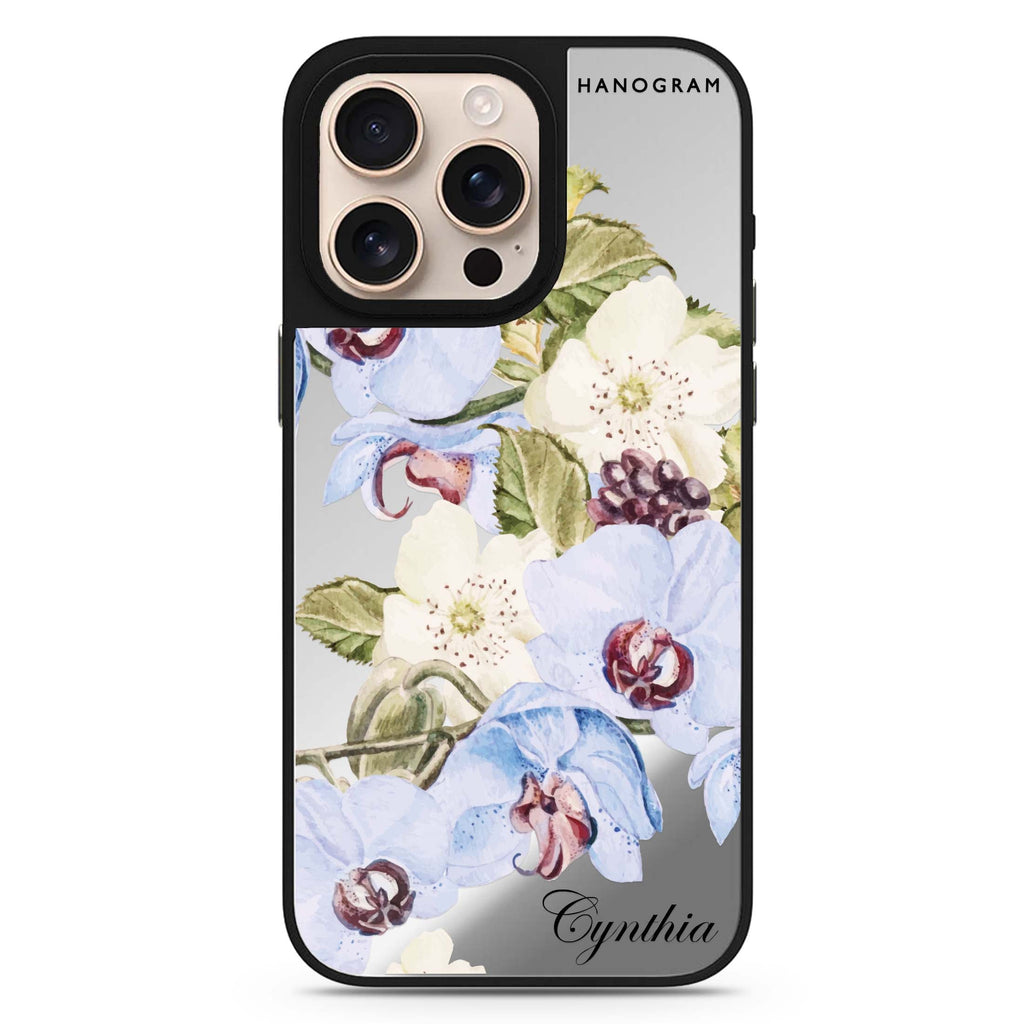 Light Blue Floral personalized name floral design iPhone 16/15/14 Pro Max & Pro mirror case