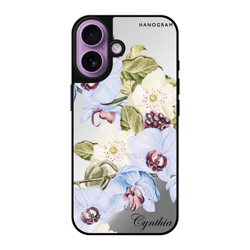 Reflective iPhone 16 Mirror Case –Light Blue Floral Design