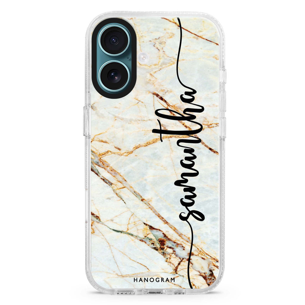Marble Edition III custom name iPhone 16 and 16 Plus ultra clear case, transparent marble pattern, front product view