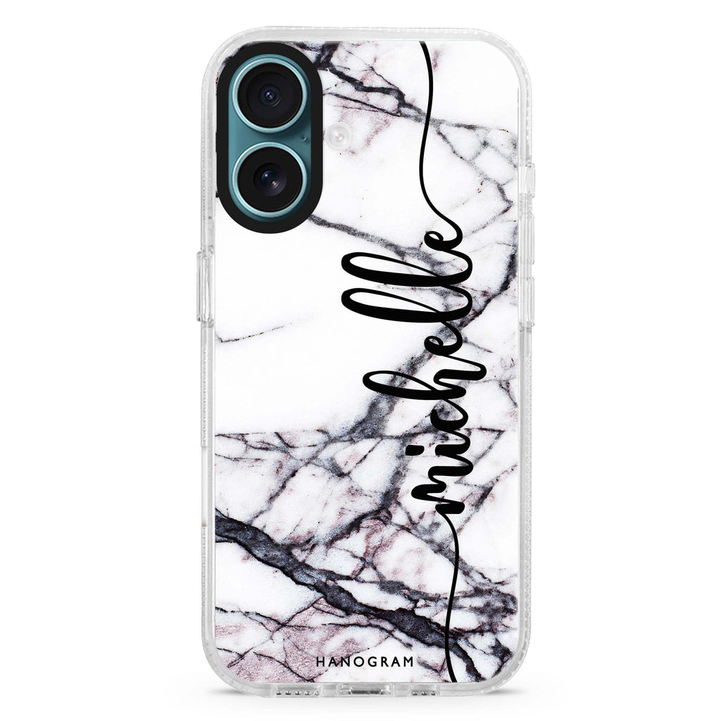 Marble Edition VI custom name iPhone 16 and 16 Plus ultra clear case, transparent marble pattern, front product view