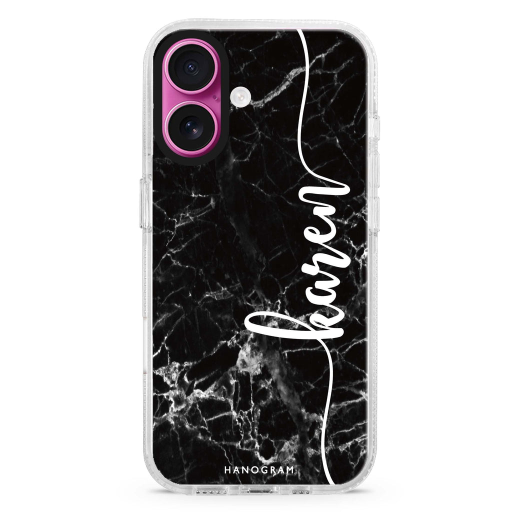 Marble Edition VII custom name iPhone 16 and 16 Plus ultra clear case, transparent marble pattern, front product view