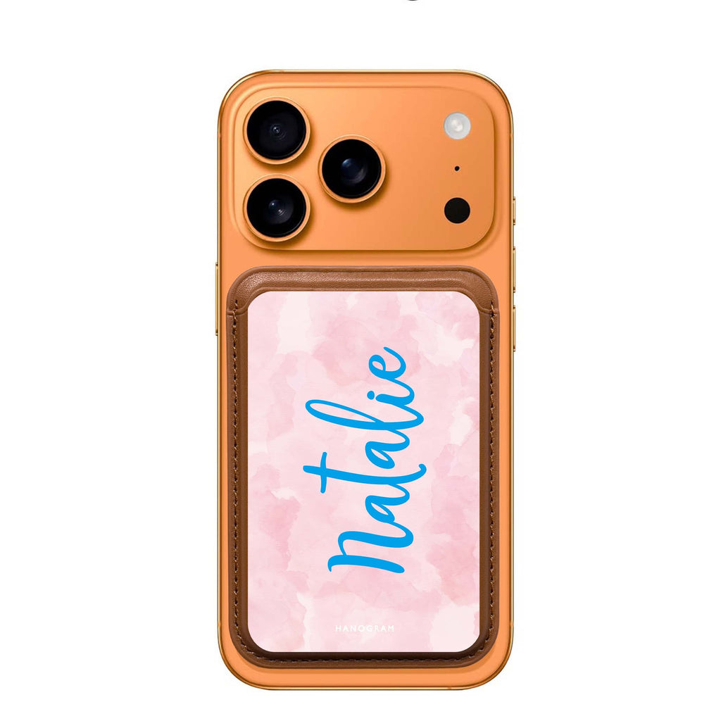 Pink Aqua custom name MagSafe wallet for iPhone, personalized magnetic card holder, main view