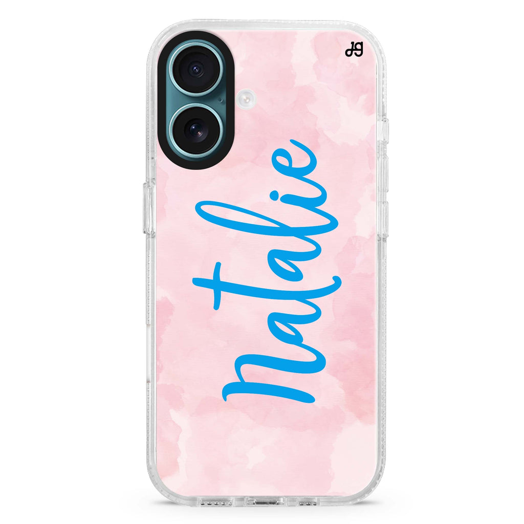 Pink Aqua custom name iPhone 16 and 16 Plus ultra clear case, transparent colorful artwork, front product view