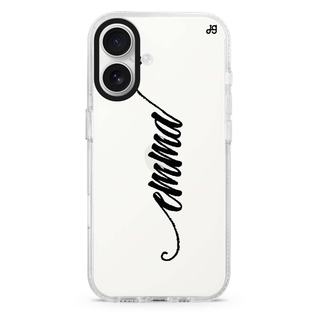 Vintage Writing custom name iPhone 16 and 16 Plus ultra clear case, transparent name artwork, front product view