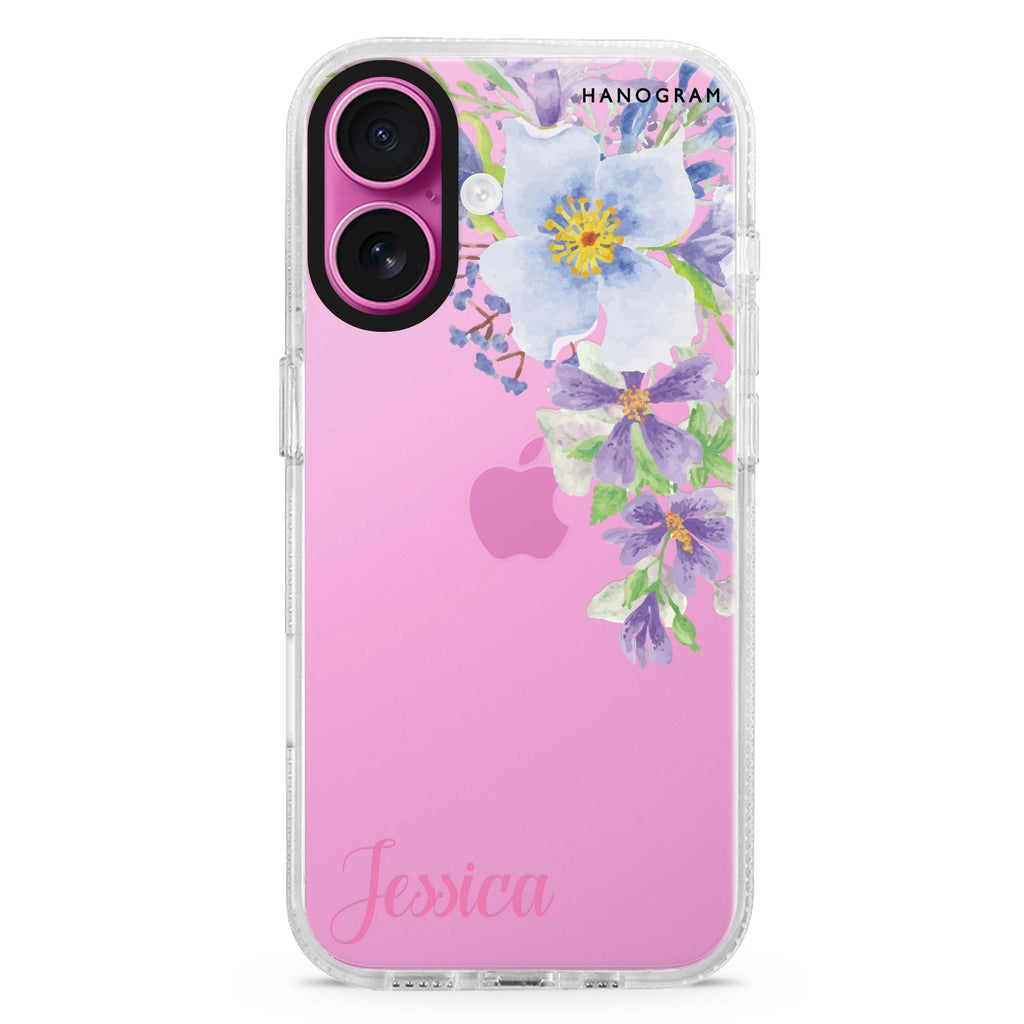 Fragrance of Flower custom name iPhone 16 and 16 Plus ultra clear case, transparent floral artwork, front product view