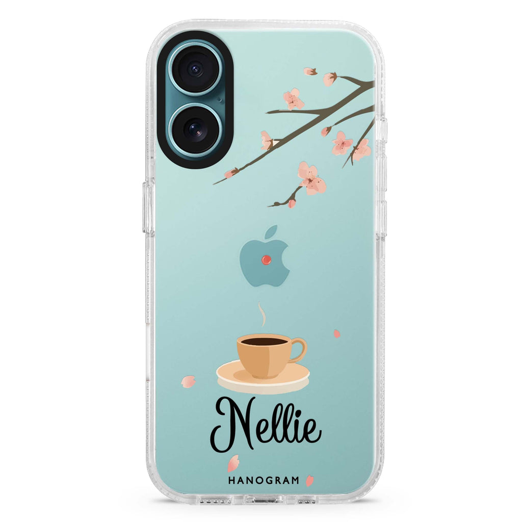 Quiet Bloom custom name iPhone 16 and 16 Plus ultra clear case, transparent graphic artwork, front product view