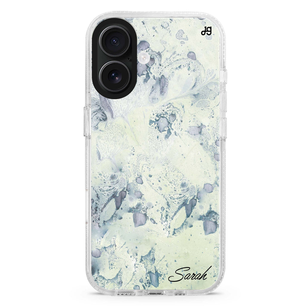 Vintage Marble custom name iPhone 16 and 16 Plus ultra clear case, transparent marble pattern, front product view
