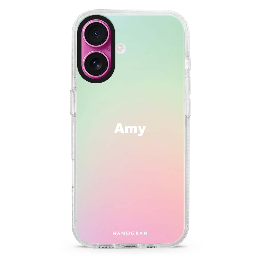 Dreamy Pastel custom name iPhone 16 and 16 Plus ultra clear case, transparent celestial artwork, front product view