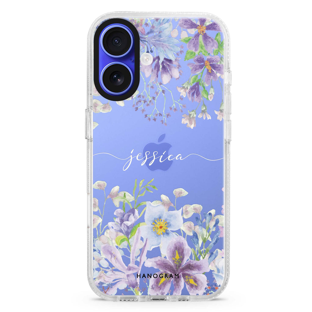Flowers Bloom custom name iPhone 16 and 16 Plus ultra clear case, transparent floral artwork, front product view