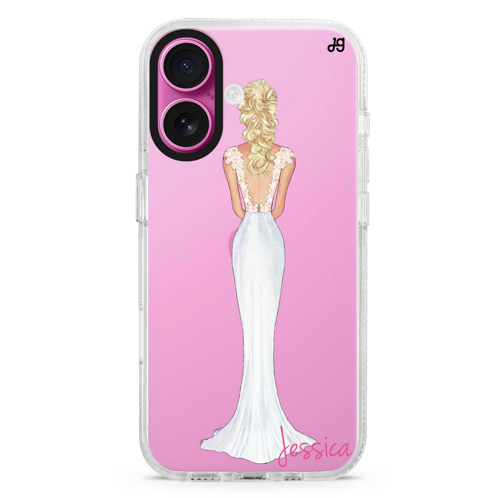 Bride Moment I custom name iPhone 16 and 16 Plus ultra clear case, transparent graphic artwork, front product view