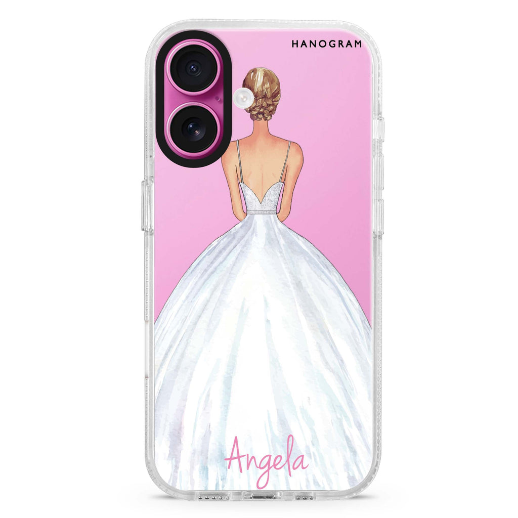 Bride Moment II custom name iPhone 16 and 16 Plus ultra clear case, transparent graphic artwork, front product view
