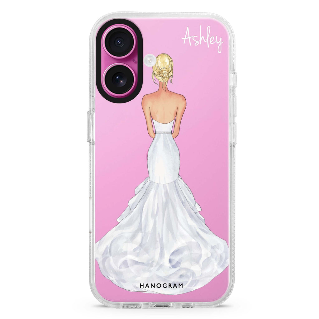 Bride Moment III custom name iPhone 16 and 16 Plus ultra clear case, transparent graphic artwork, front product view