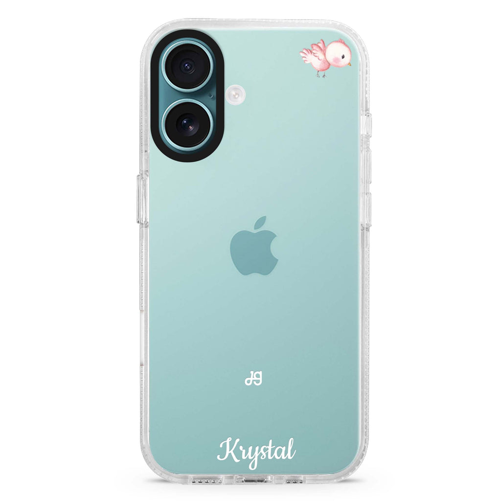 Bird of the Soul custom name iPhone 16 and 16 Plus ultra clear case, transparent animal artwork, front product view