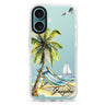 Summer on the beach custom name iPhone 16 and 16 Plus ultra clear case, transparent beach artwork, front product view