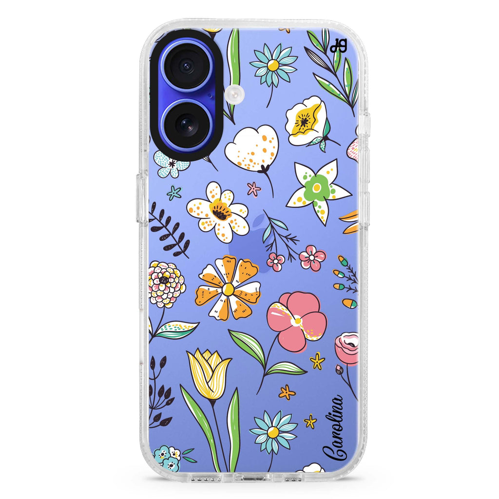 Spring Moment custom name iPhone 16 and 16 Plus ultra clear case, transparent graphic artwork, front product view