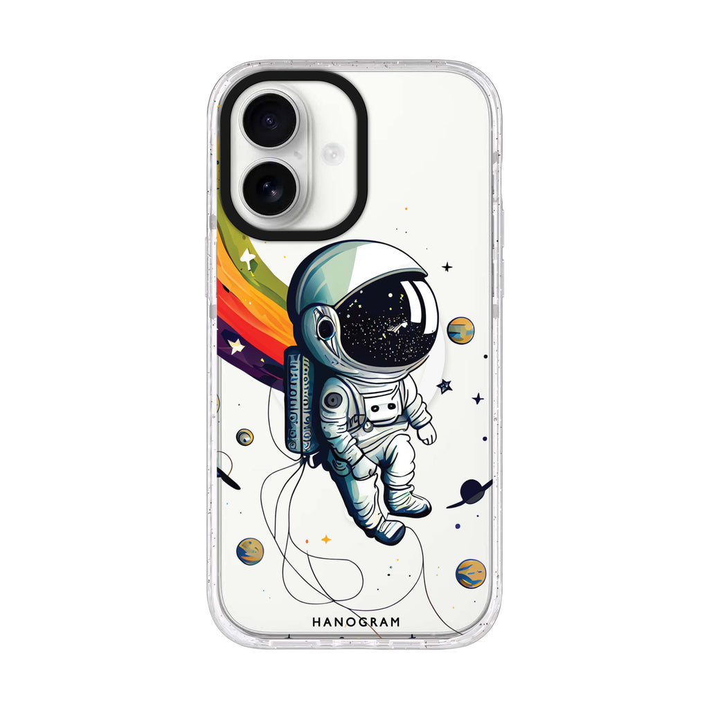 Astronaut in rainbow iPhone 17 ultra clear MagSafe case, front product view