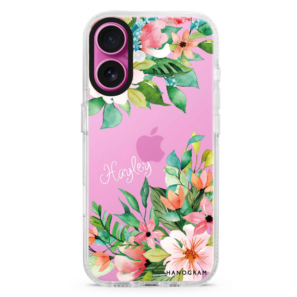 Flower Inspiration custom name iPhone 16 and 16 Plus ultra clear case, transparent floral artwork, front product view