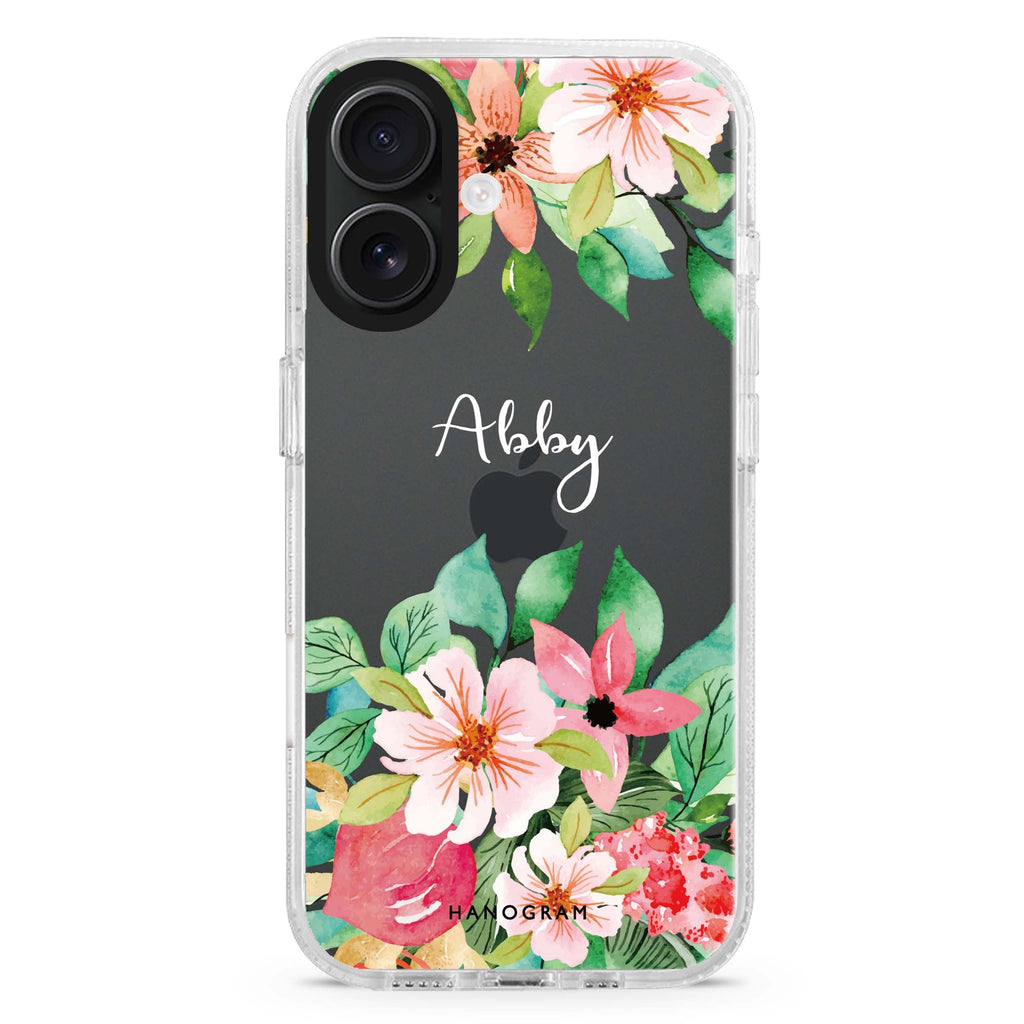 Floral Life custom name iPhone 16 and 16 Plus ultra clear case, transparent floral artwork, front product view