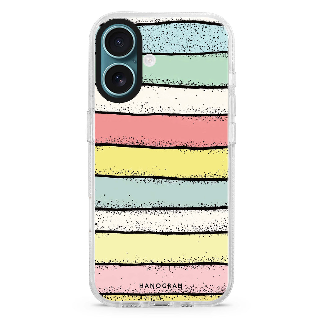 Glitter Stripe Charm iPhone 16 and 16 Plus ultra clear case, transparent abstract pattern, front product view