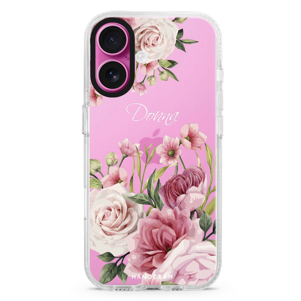 Beautiful Flowers custom name iPhone 16 and 16 Plus ultra clear case, transparent floral artwork, front product view