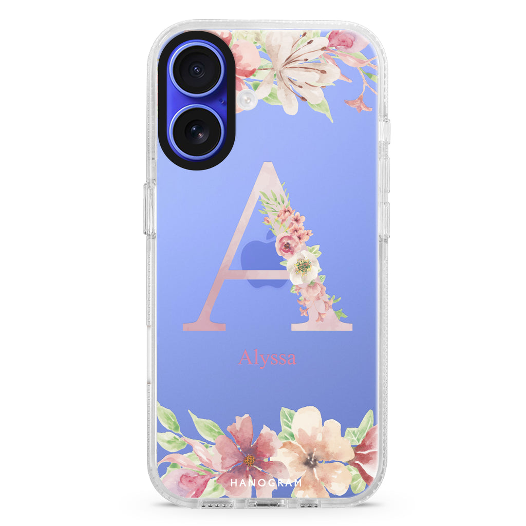 Letter & Floral iPhone 16 and 16 Plus ultra clear case, transparent floral artwork, front product view