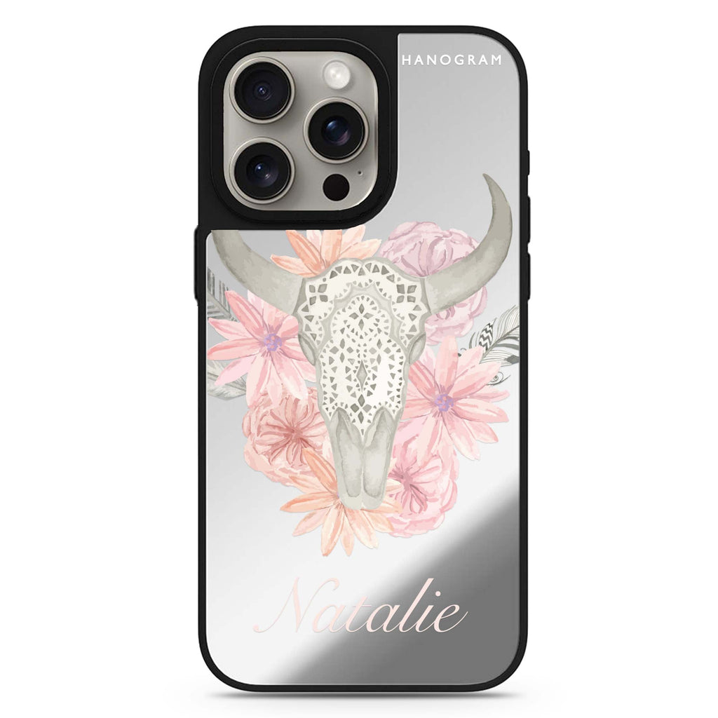 Skull Bull & Watercolor Flowers personalized name MagSafe mirror case for iPhone 16/15/14 Pro Max and Pro, main view