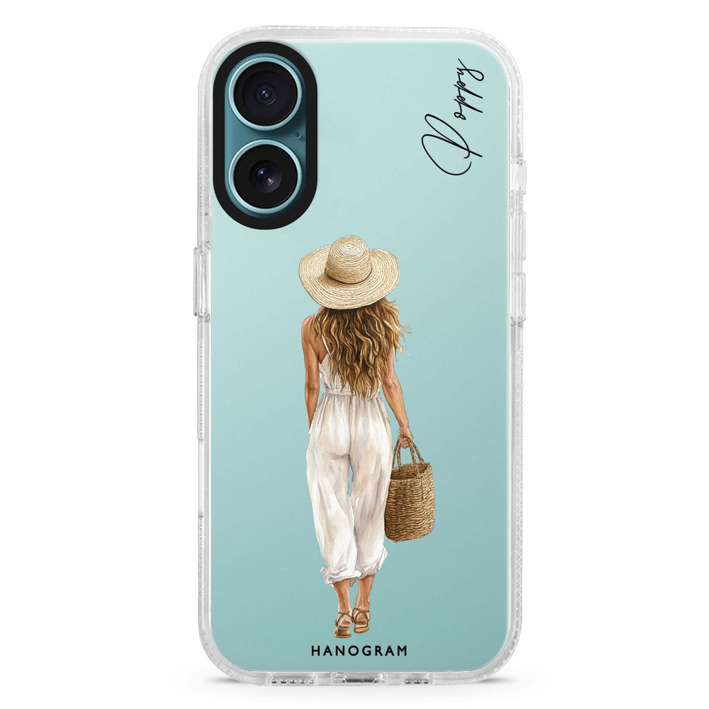 Golden Stroll custom name iPhone 16 and 16 Plus ultra clear case, transparent graphic artwork, front product view