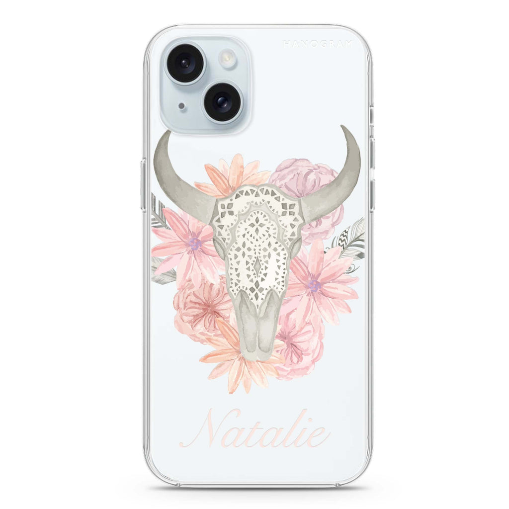 Skull Bull & Watercolor Flowers iPhone 15 plus Ultra Clear Case