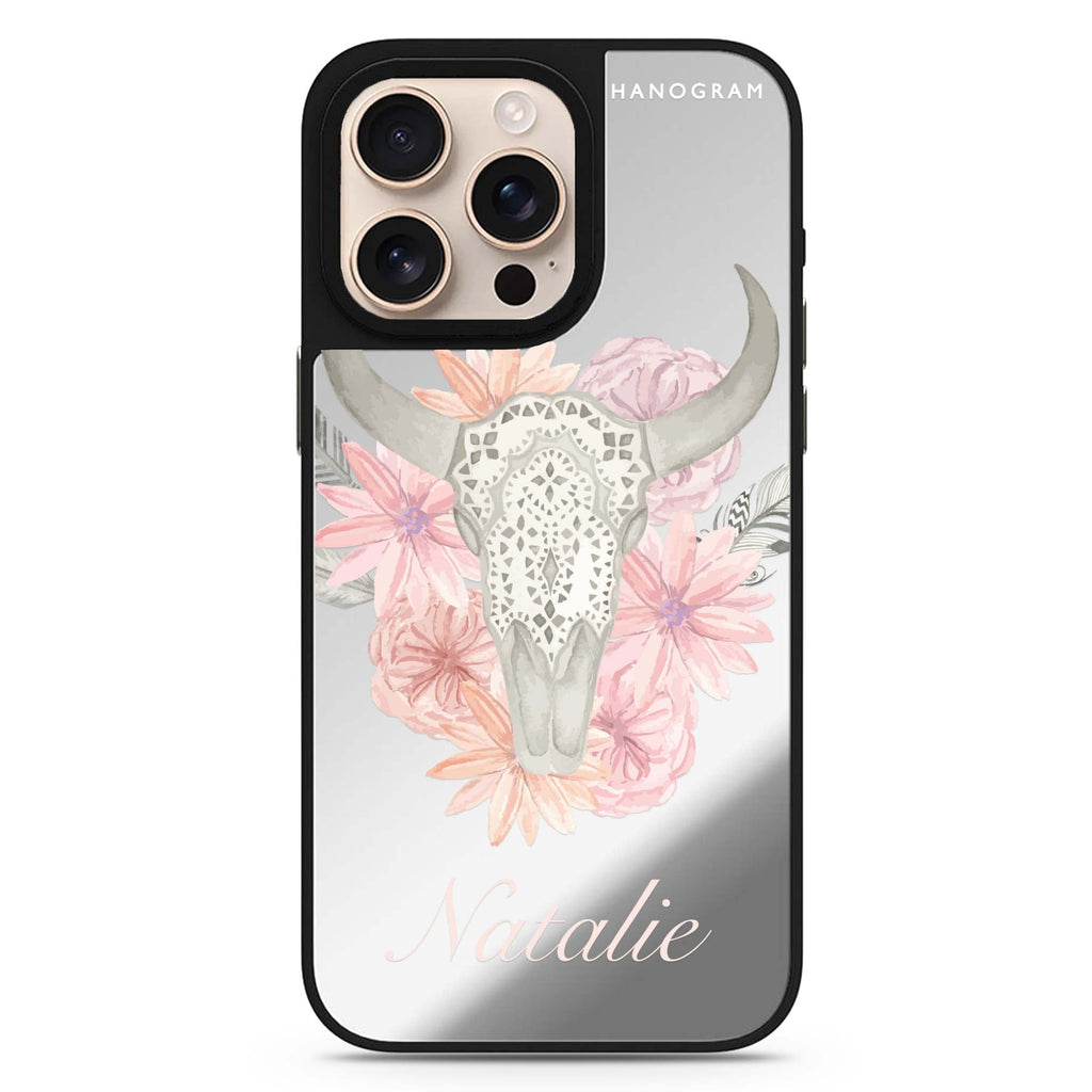 Skull Bull & Watercolor Flowers personalized name floral design iPhone 16/15/14 Pro Max & Pro mirror case