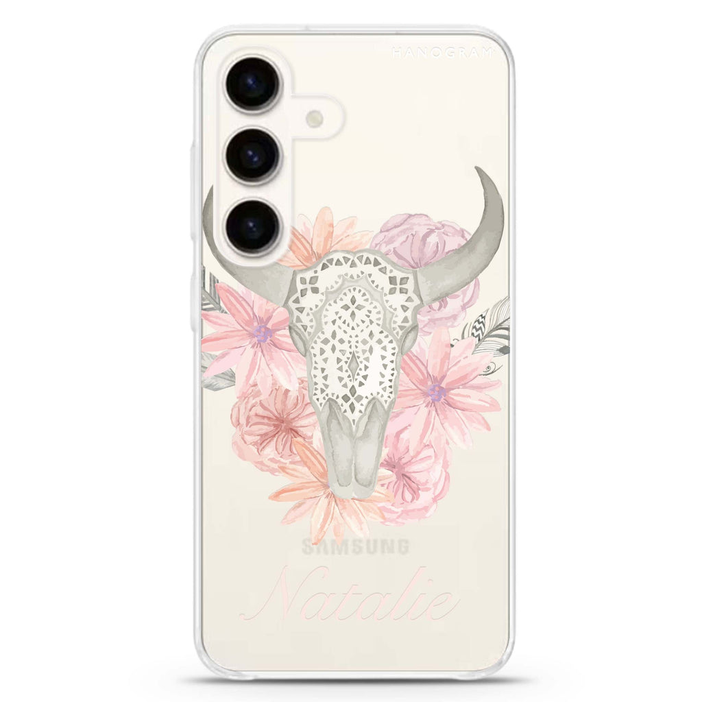 Skull Bull & Watercolor Flowers Samsung Galaxy Ultra Clear Case