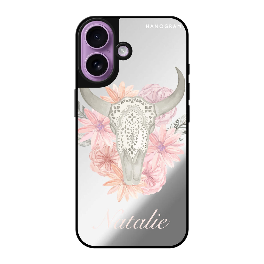 Reflective iPhone 16 Mirror Case –Skull Bull & Watercolor Flowers Design