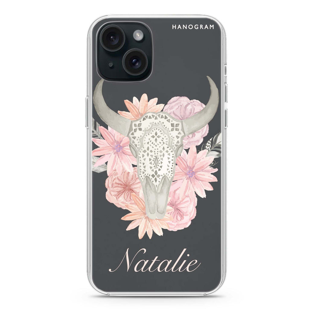 Skull Bull & Watercolor Flowers iPhone Ultra Clear Case