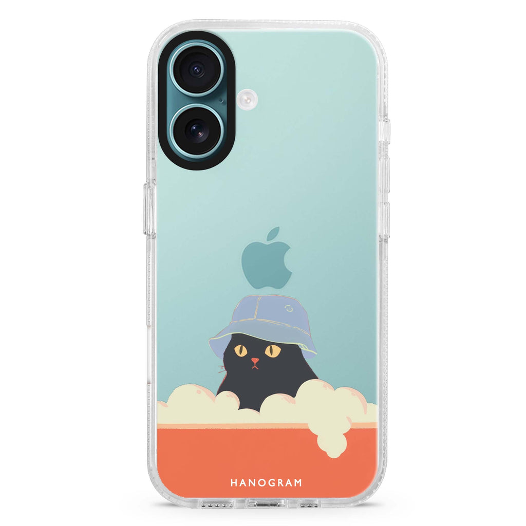 Bubble Meow iPhone 16 and 16 Plus ultra clear case, transparent cat artwork, front product view