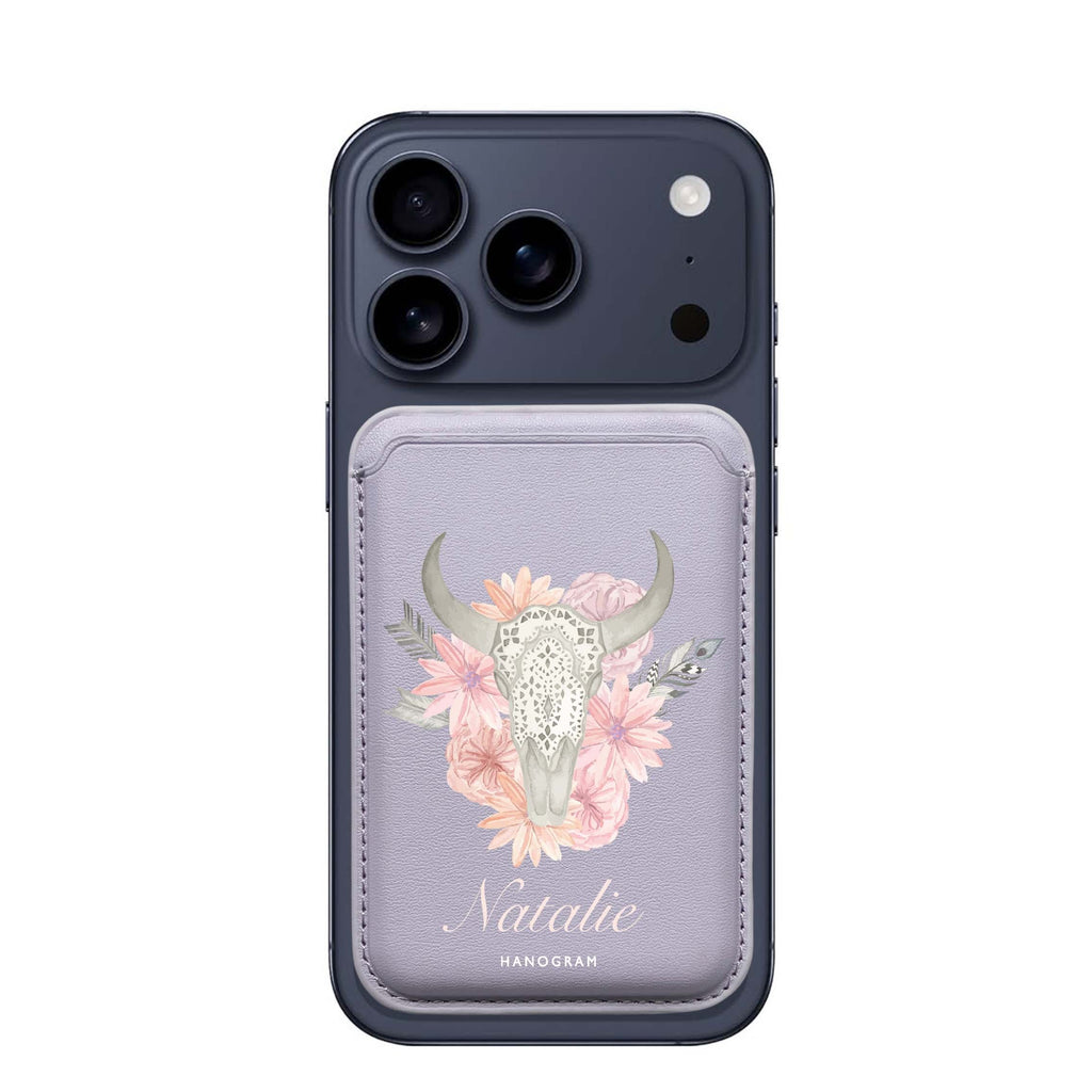 Skull Bull & Watercolor Flowers custom name MagSafe wallet for iPhone, personalized magnetic card holder, main view