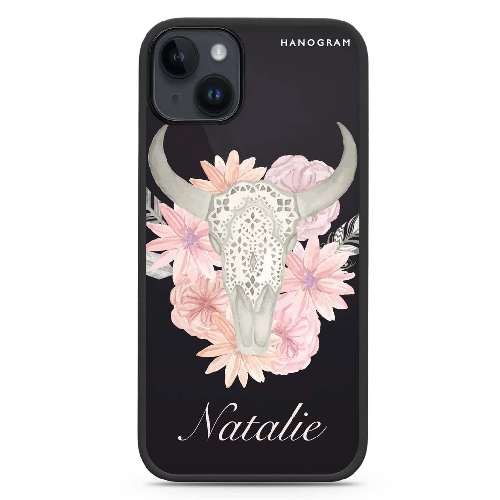 Skull Bull & Watercolor Flowers iPhone 15 Impact Guard Bumper Case