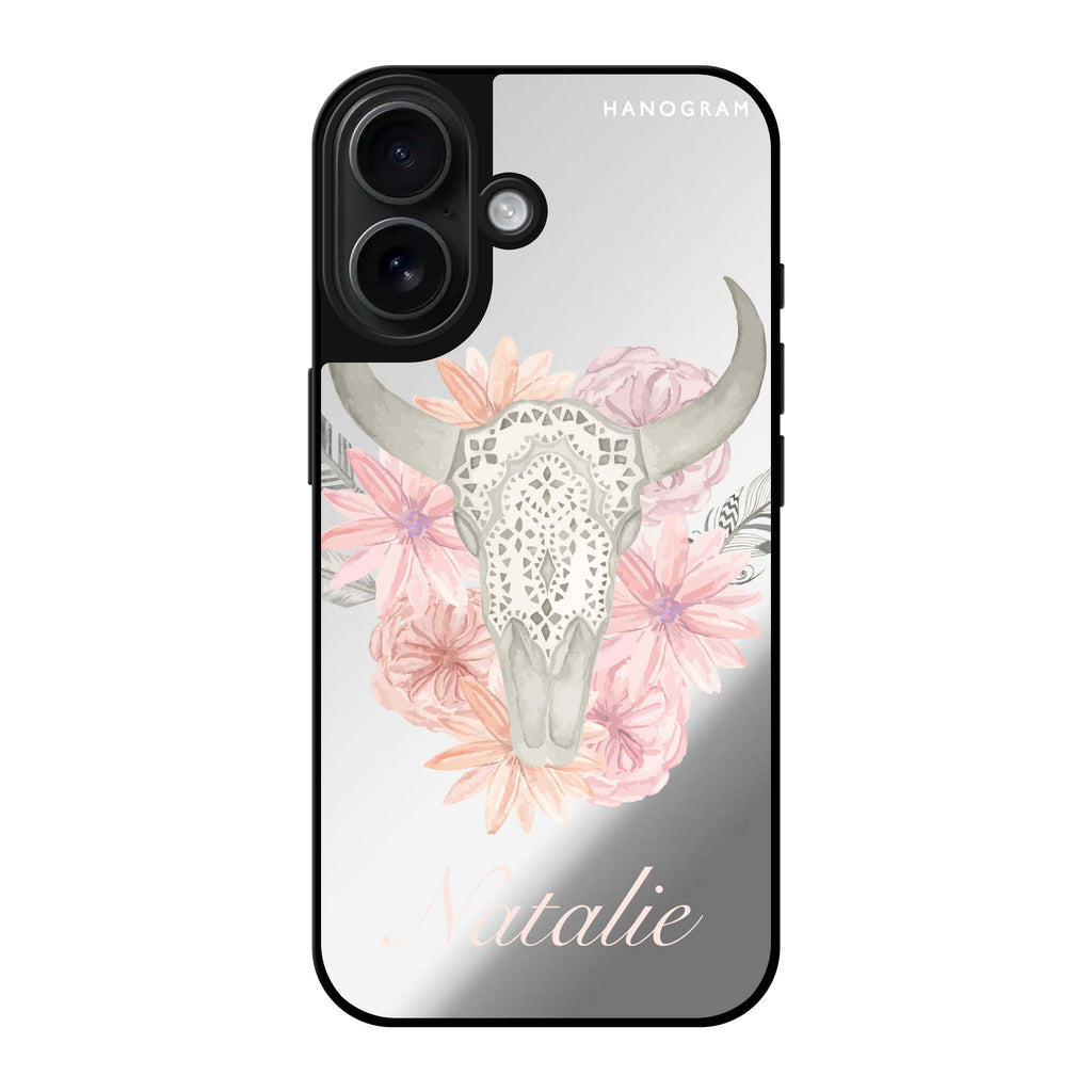 Reflective iPhone 16 Mirror Case –Skull Bull & Watercolor Flowers Design