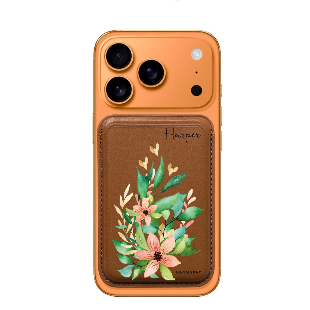 Floral Bloom custom name MagSafe wallet for iPhone, personalized magnetic card holder, main view