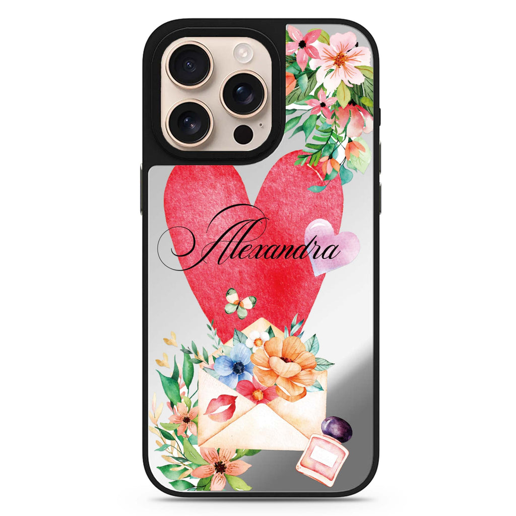 Floral Love Letter personalized name floral design iPhone 16/15/14 Pro Max & Pro mirror case