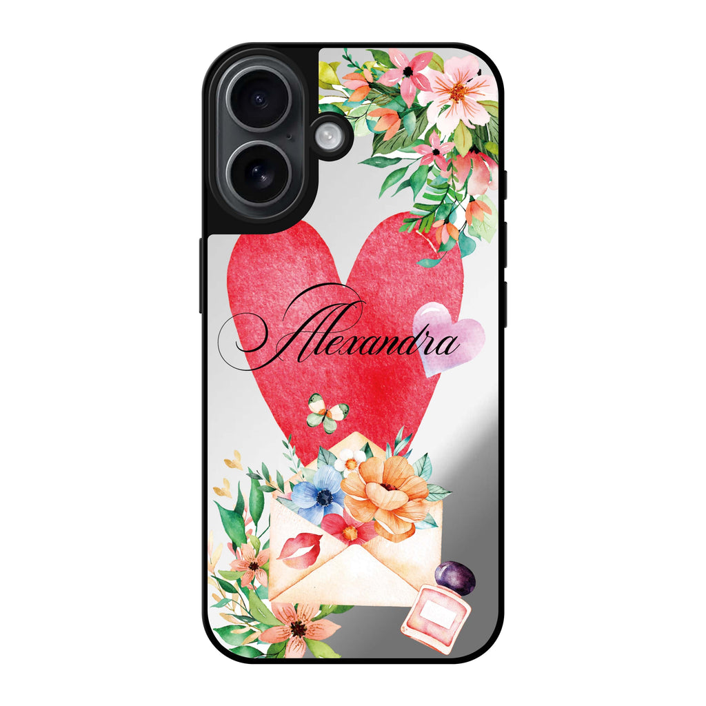 Reflective iPhone 16 Mirror Case –Floral Love Letter Design