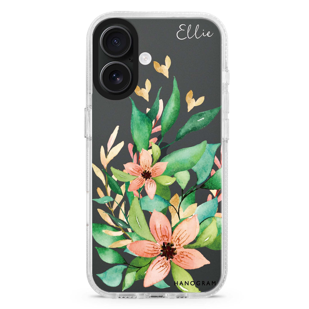 Floral Bloom custom name iPhone 16 and 16 Plus ultra clear case, transparent floral artwork, front product view