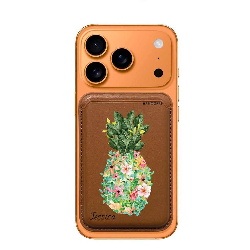 Floral Pineapple custom name MagSafe wallet for iPhone, personalized magnetic card holder, main view