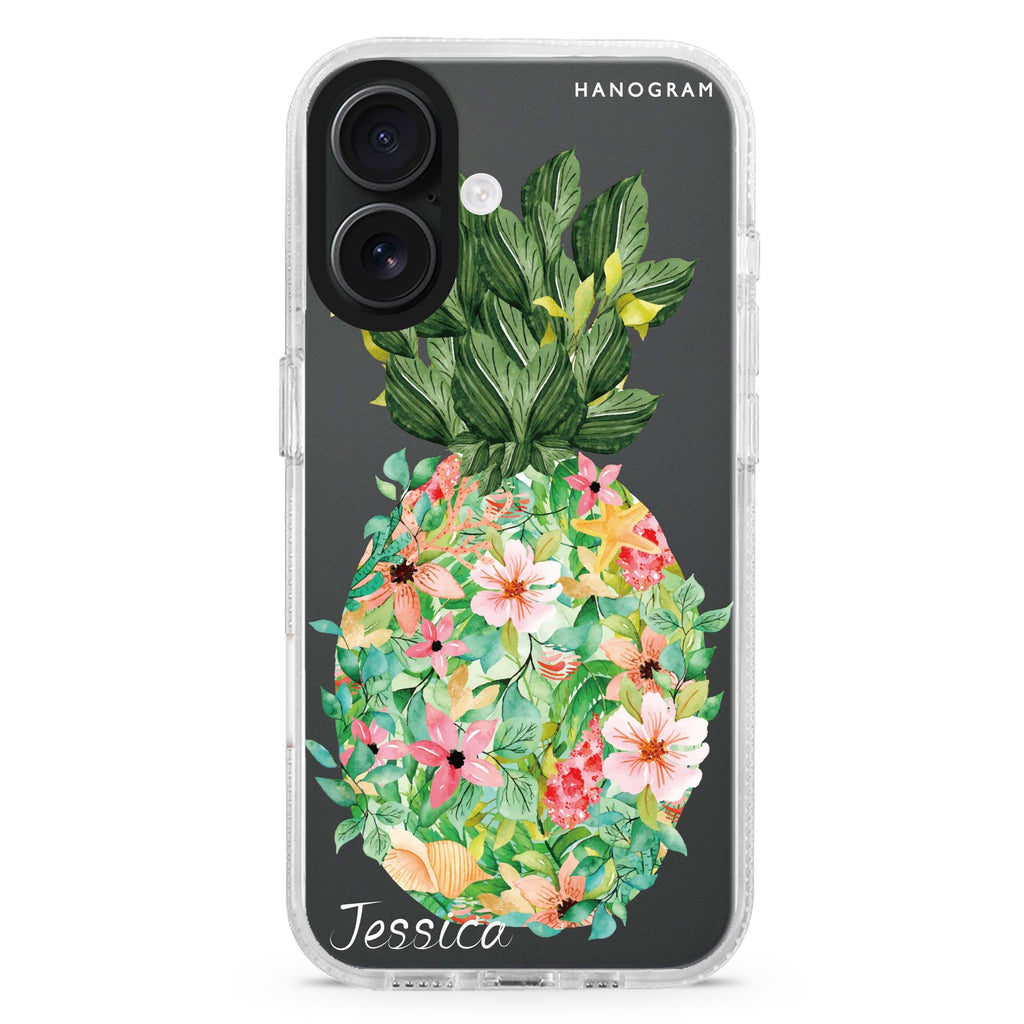 Floral Pineapple custom name iPhone 16 and 16 Plus ultra clear case, transparent floral artwork, front product view