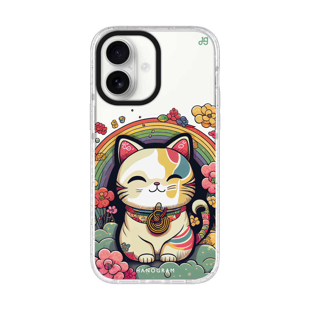 Japanese Lucky Cat iPhone 17 ultra clear MagSafe case, front product view